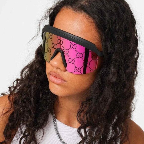 NEW GUCCI SHIELD SUNGLASSES, GUCCI PINK GOLD UNISEX MASK SUNGLASSES GUCCI